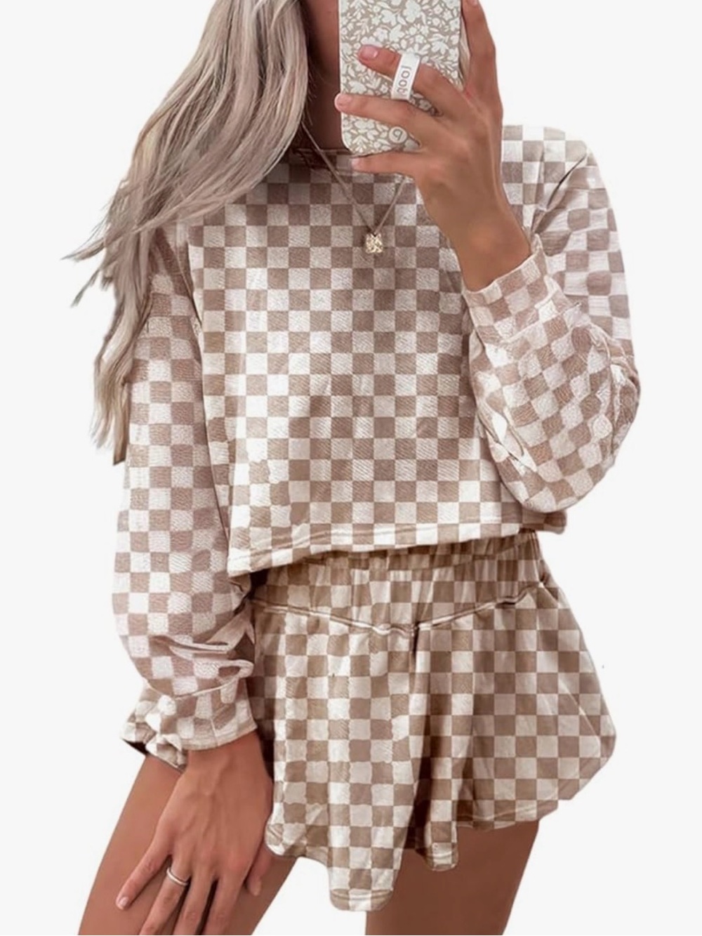 Beige & White Checkerboard Lounge Set - Crop Top & Skirt
